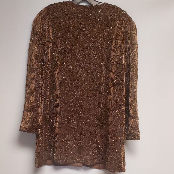 90s Carmen Marc Valvo Bronze Gold Metallic Beaded Vintage  Jacket Skirt Set 16 - Picture 8 of 12